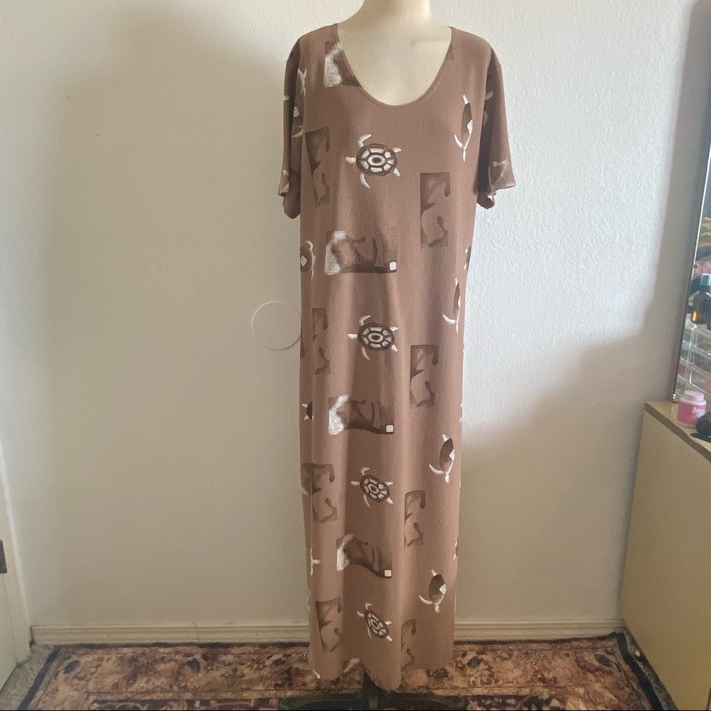 Vintage turtle print short sleeve maxi dress size XL